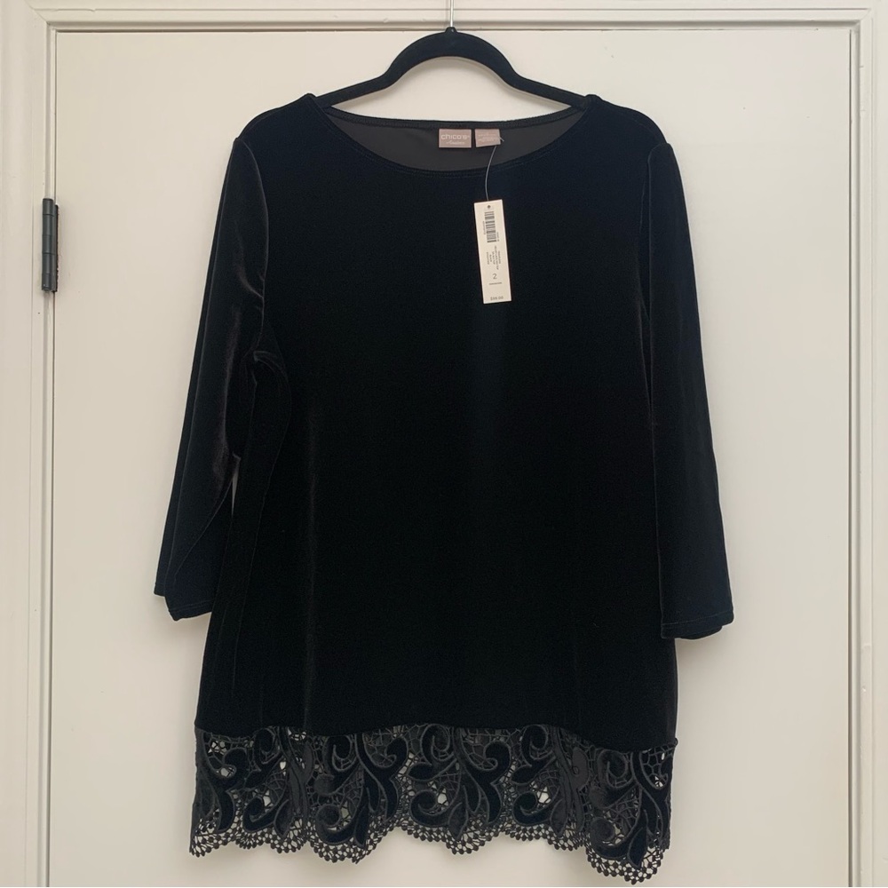 SOLD*** Chico's Black Velvet Blouse Sz 2 Scoop Neck with Burnout Lace Hem
